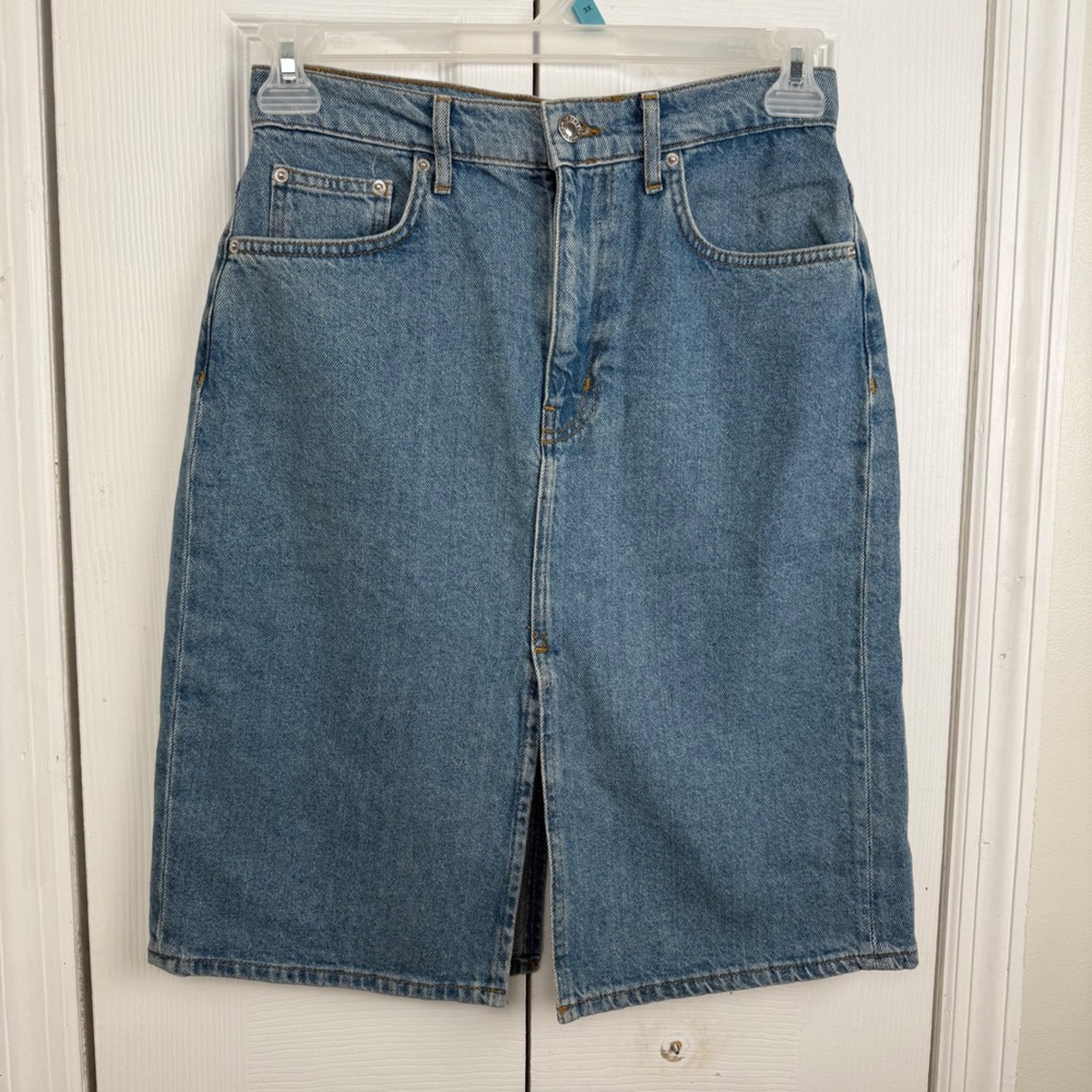 Derek Lam 10 Crosby Denim Midi Skirt Blue Wash Front Slit Size 27 Cottagecore